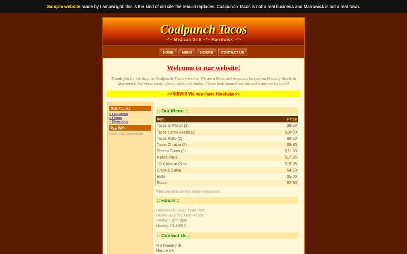 The old-style Coalpunch Tacos sample website