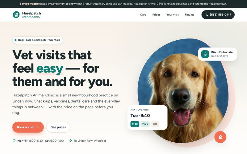 The first screen of the Hazelpatch Animal Clinic sample website