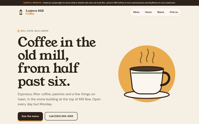 The first screen of the Lantern Mill Coffee sample website