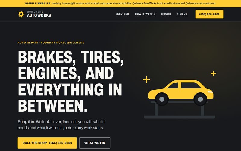 The first screen of the Quillmere Auto Works sample website