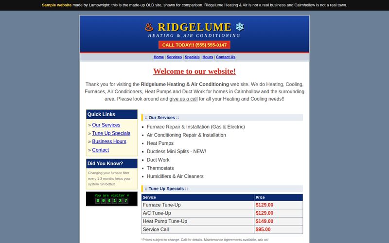 The old-style Ridgelume Heating & Air sample website