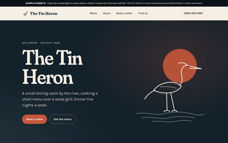 The first screen of the The Tin Heron sample website