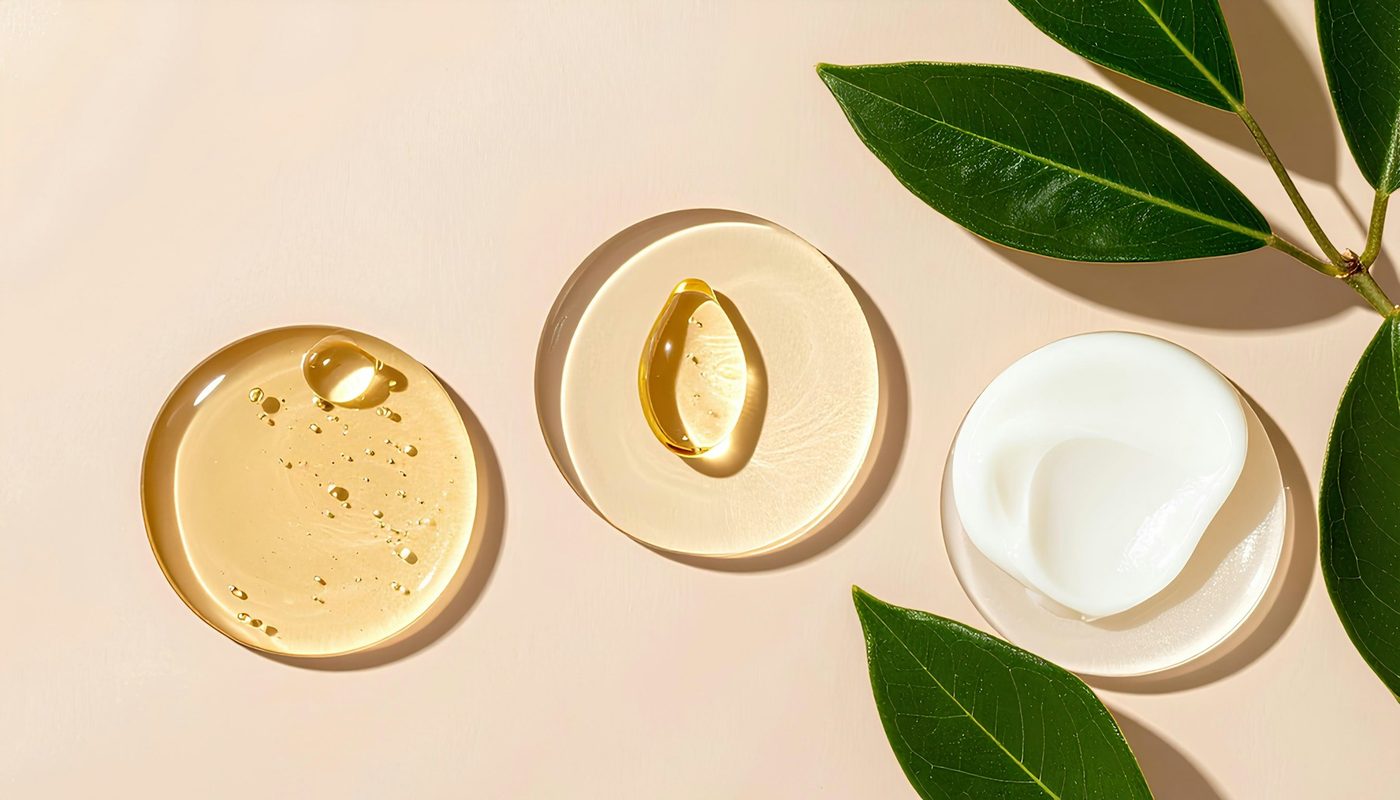 Swatches of serum, oil and cream in small glass dishes beside green leaves