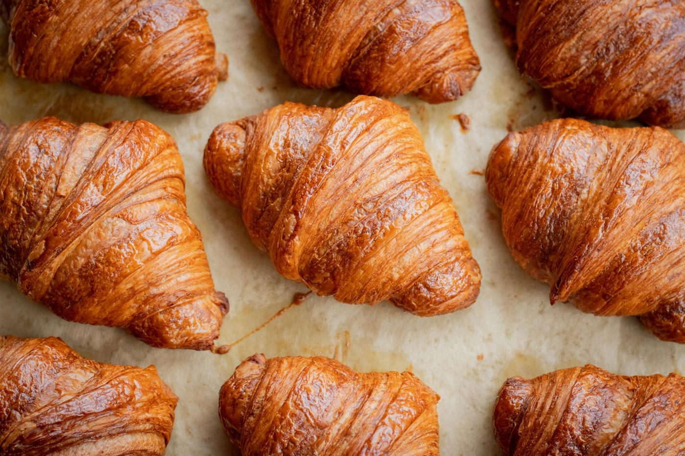 Rows of golden, flaky croissants on baking paper