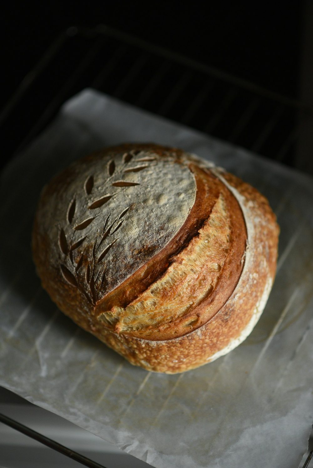 A round sourdough loaf with a scored leaf pattern